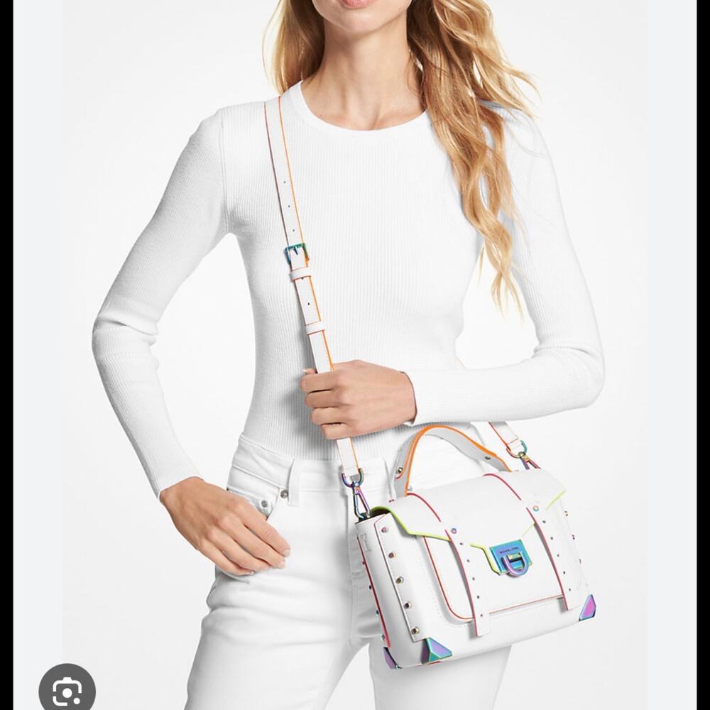 Michael Kors Manhattan Medium Satchel White Neon Trim Leather Crossbody